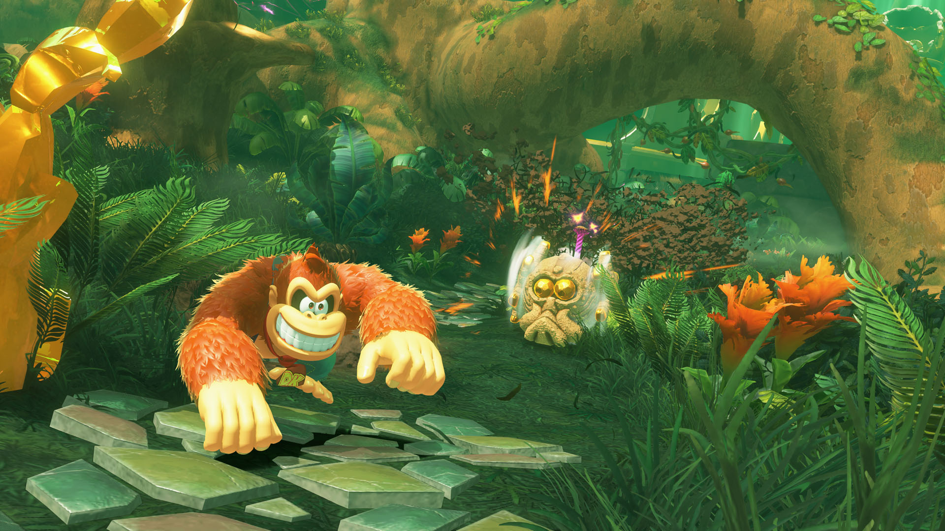 Donkey Kong y una criatura de piedra en un entorno selvático exuberante.