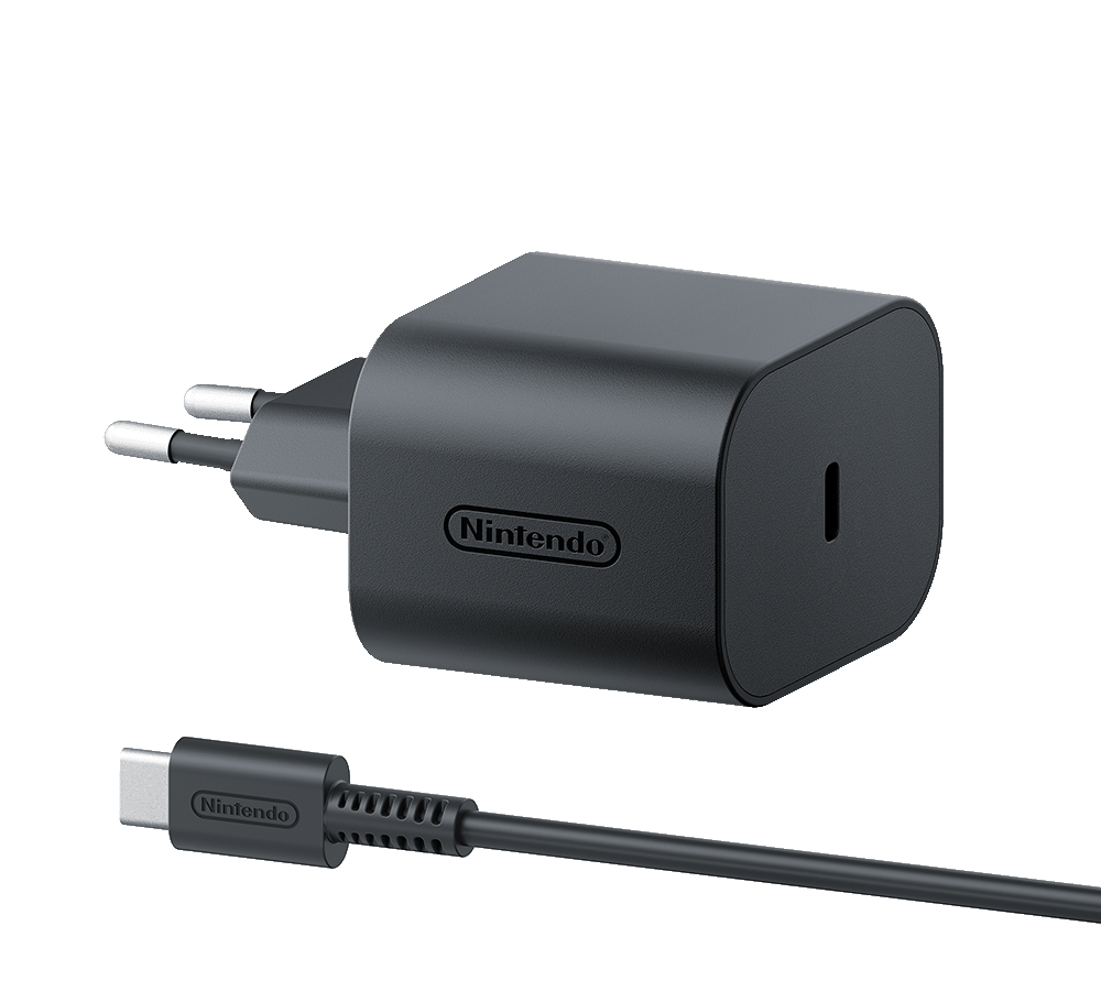 Ein schwarzes Nintendo-Ladegerät mit Kabel. Das Nintendo-Logo ist auf dem Ladegerät sichtbar.