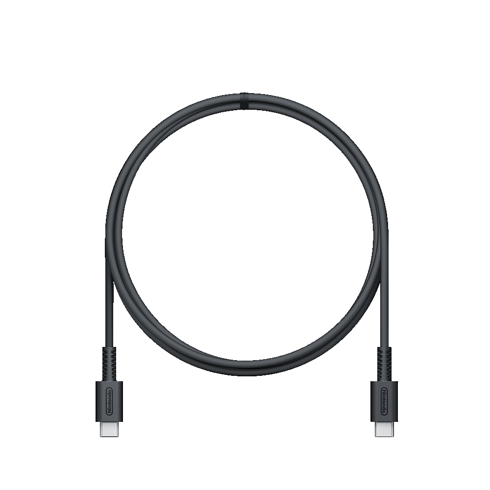 Schwarzes Nintendo USB-C-Kabel in einer Schleife, zwei USB-C-Anschlüsse.