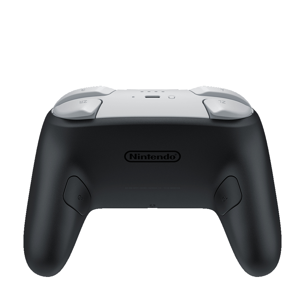Schwarzer Nintendo Switch Controller, graue Knöpfe, weißer Hintergrund.