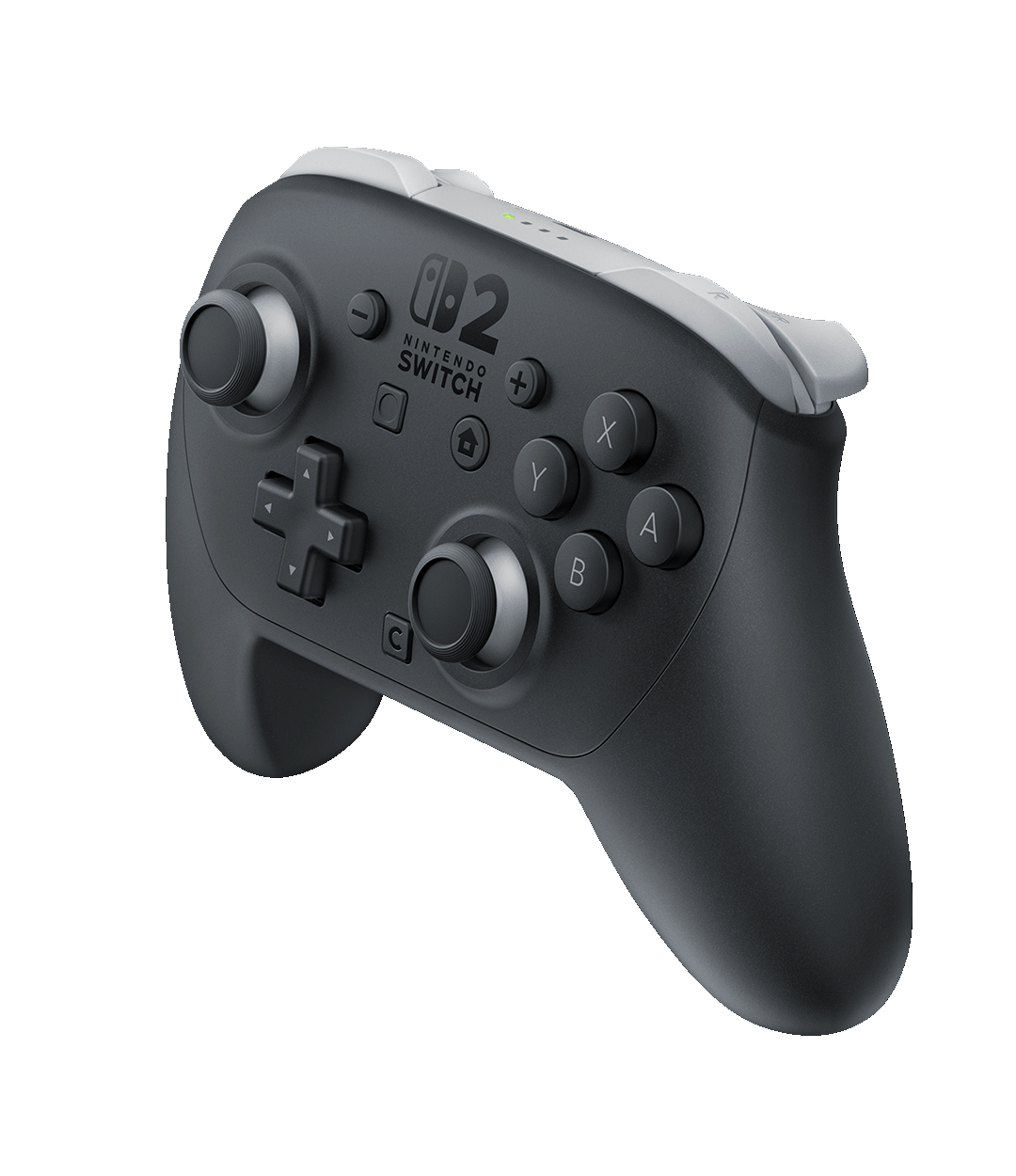 Schwarzer Nintendo Switch Pro Controller. Knöpfe, Joysticks und Steuerkreuz auf weißem Hintergrund sichtbar.
