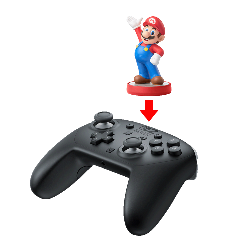 Mario-Figur über einem schwarzen Switch-Controller, mit einem Pfeil nach unten.