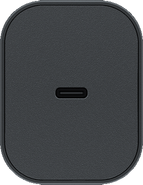 Caricatore USB-C grigio scuro con una singola porta USB-C sulla parte anteriore.