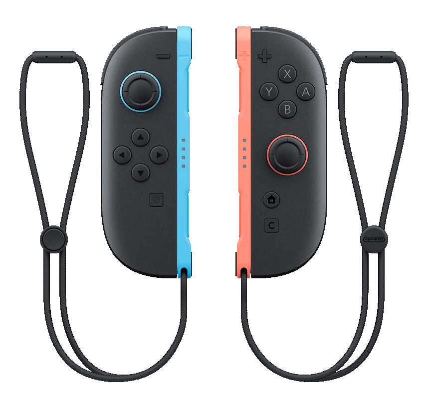 Zwei Nintendo Switch Joy-Con-Controller. Einer blau und einer koralle, schwarze Träger.
