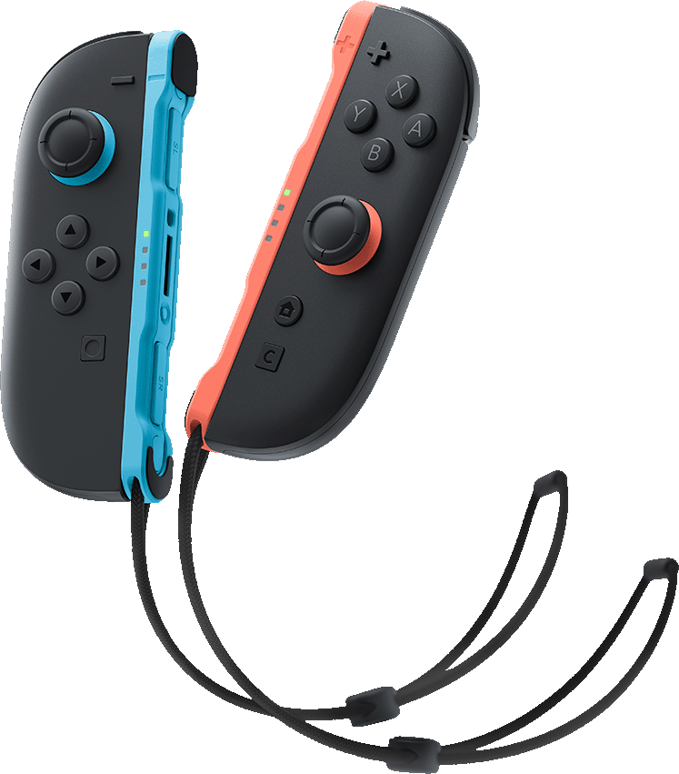 Deux manettes Joy-Con Nintendo Switch. Une bleue, une rouge, avec des lanières.