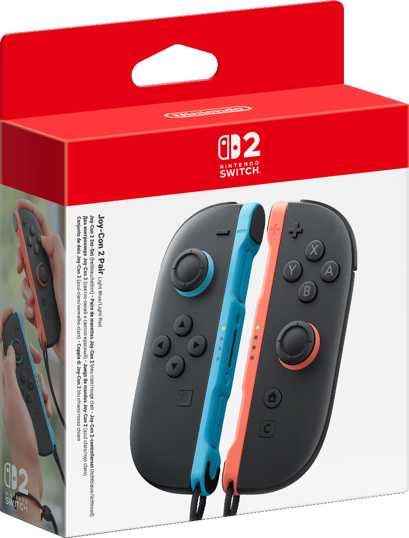 Boîte Nintendo Switch avec manettes Joy-Con, une bleue, une orange.