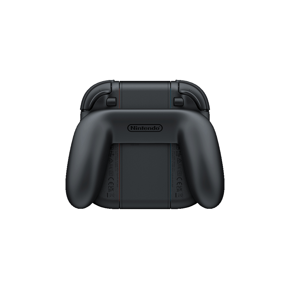 Rückseite eines schwarzen Nintendo Switch Controller-Griffs, mit dem Nintendo-Logo zentriert.