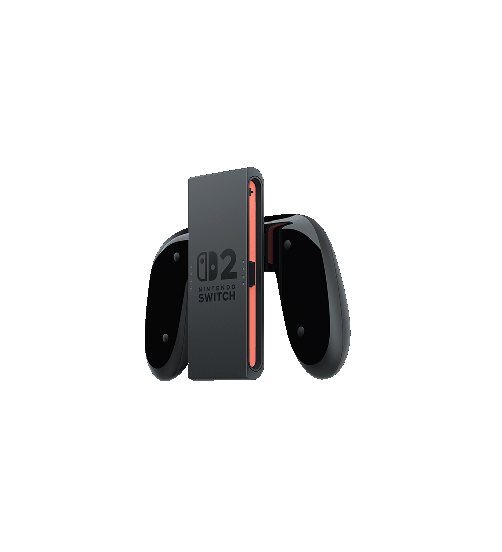 Eine schwarze Nintendo Switch Konsole mit angeschlossenen Controllern, abgewinkelt auf weißem Hintergrund.
