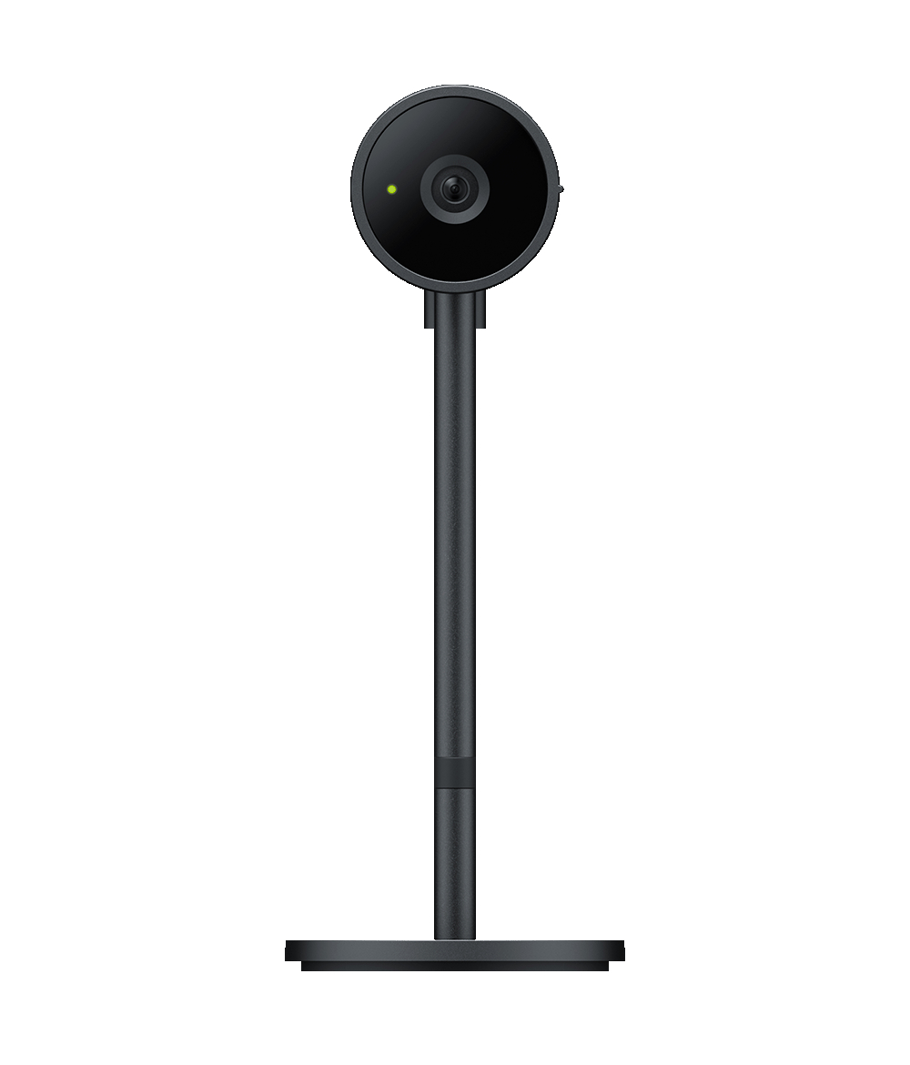 Schwarze Webcam mit kreisförmigem Design, auf einem Ständer, weißer Hintergrund.
