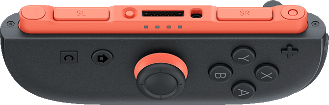 Ein grauer und orangefarbener Controller mit Tasten und einem Joystick.