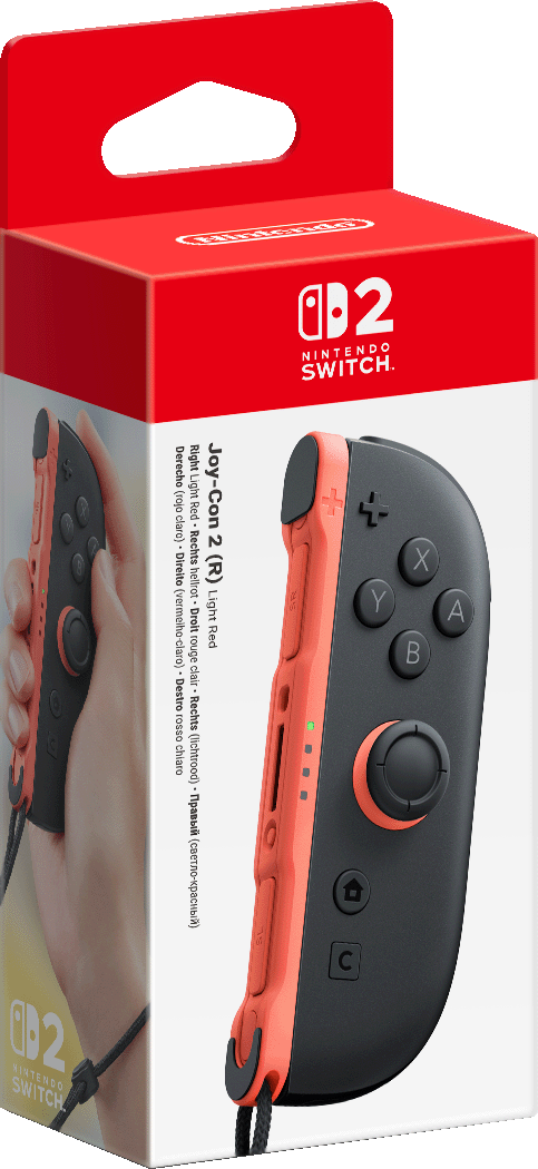 Eine Nintendo Switch-Box mit einem Joy-Con-Controller sichtbar. Der Controller ist rot und schwarz.