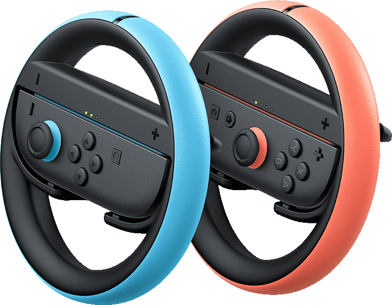Deux manettes de jeu. Une bleue et une orange, en forme de volants.