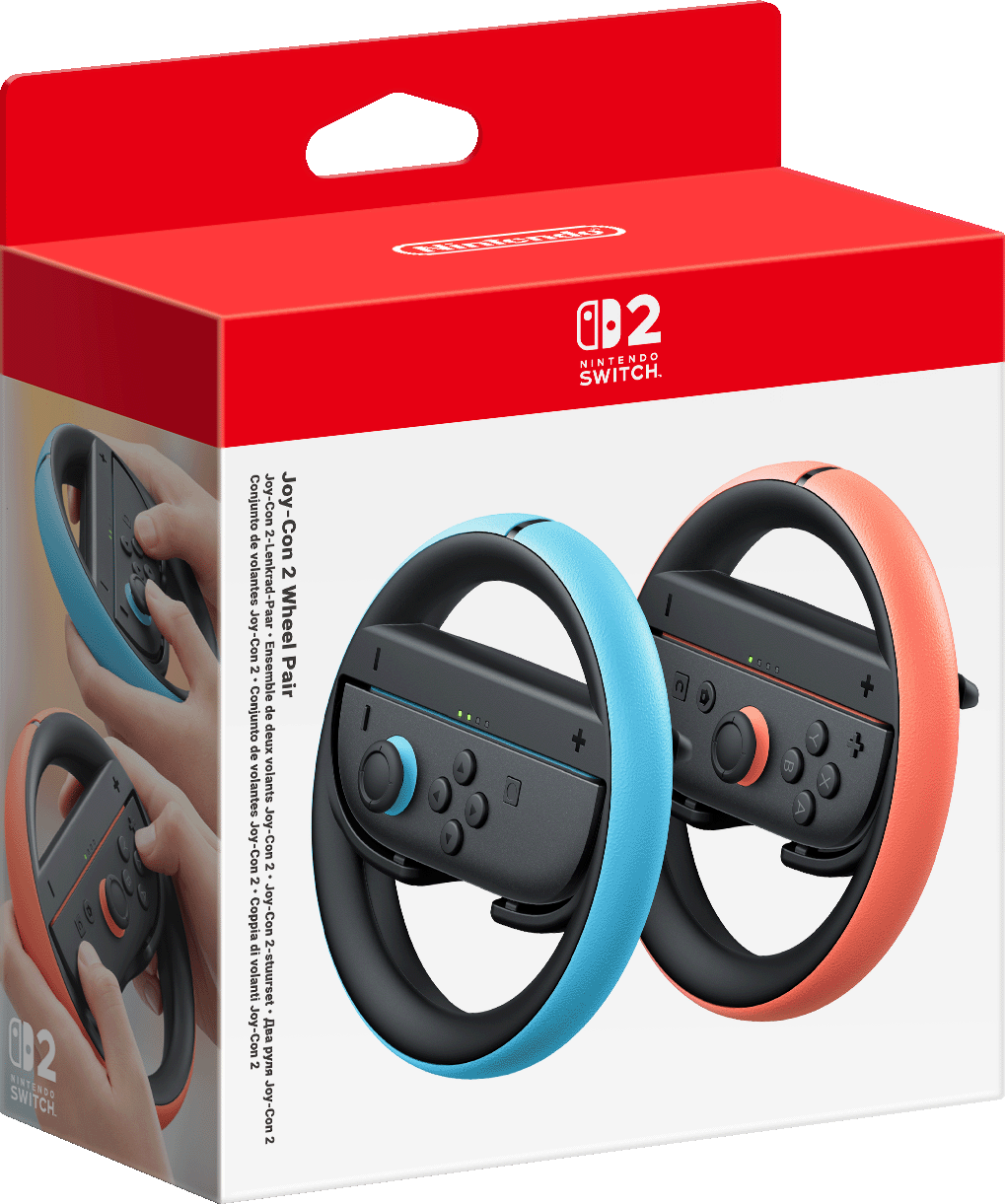 Une boîte Nintendo Switch avec deux paires de volants Joy-Con. Couleurs rouge et bleu.