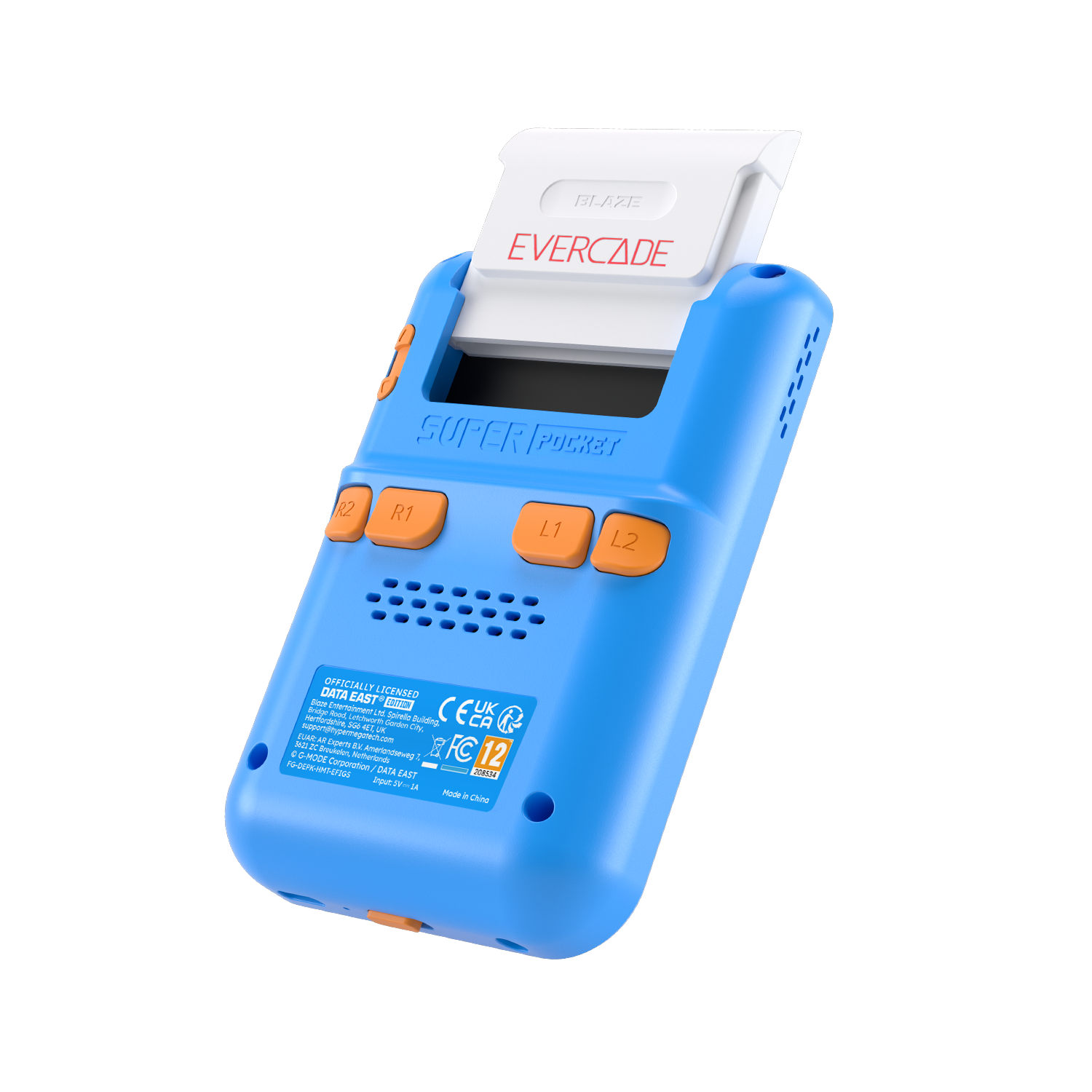 Niebiesko-pomarańczowa konsola do gier retro z włożonym białym kartridżem.