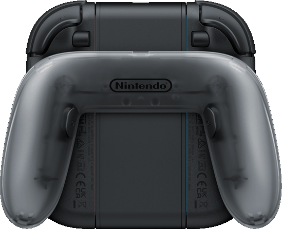 Un primo piano del retro di un Nintendo Switch con controller Joy-Con trasparenti collegati.