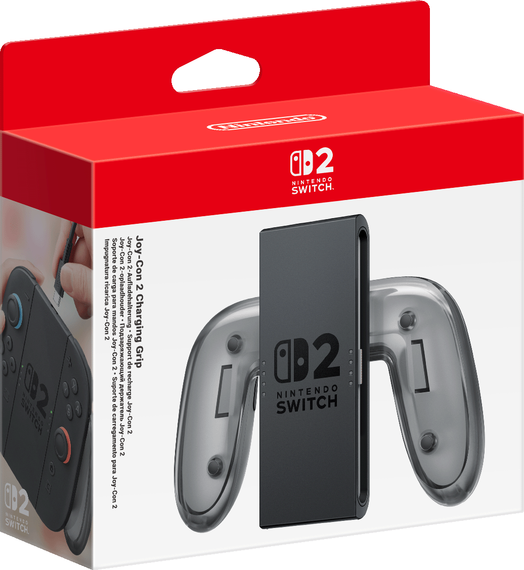Impugnatura di ricarica Joy-Con per Nintendo Switch e controller Joy-Con in una scatola rossa e bianca.