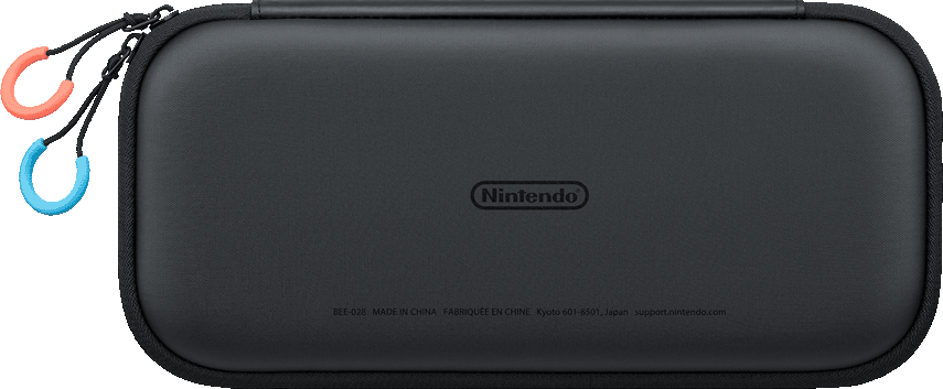 Una custodia nera per Nintendo Switch Lite con cerniera e cinturini da polso arancioni e blu.