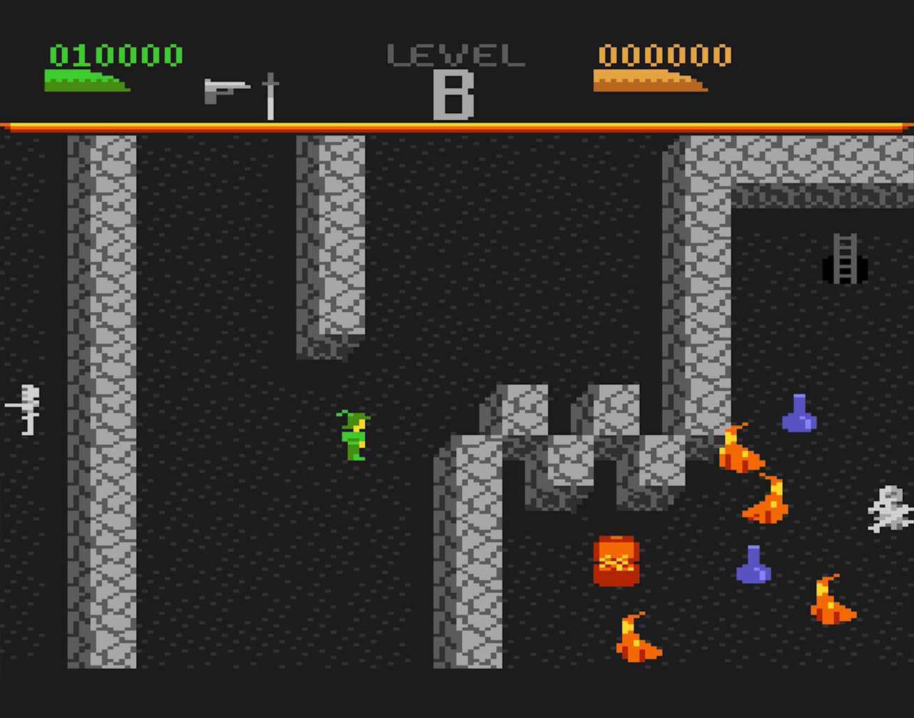 Poziom gry wideo 8-bit z zieloną postacią. Szare bloki ścian, płomienie i info o poziomie.