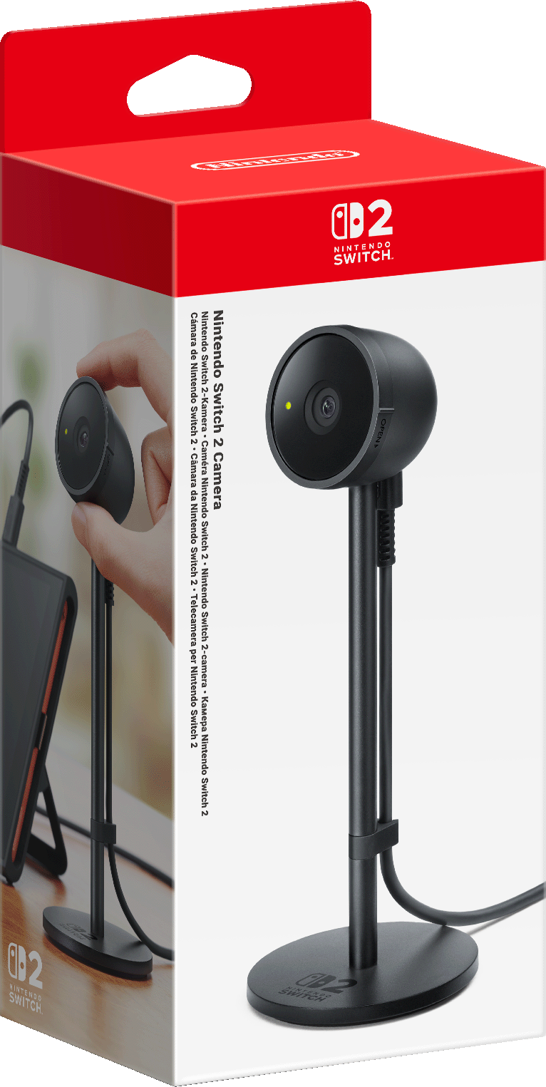Fotocamera Nintendo Switch 2 in scatola. Fotocamera nera su supporto, scatola con marchio Switch 2.