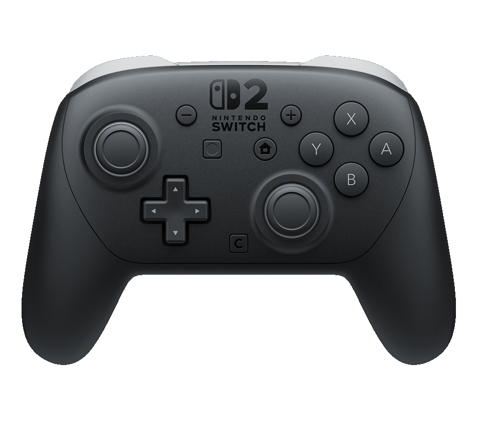 Schwarzer Nintendo Switch Pro Controller mit Knöpfen und Joysticks auf Schwarz.