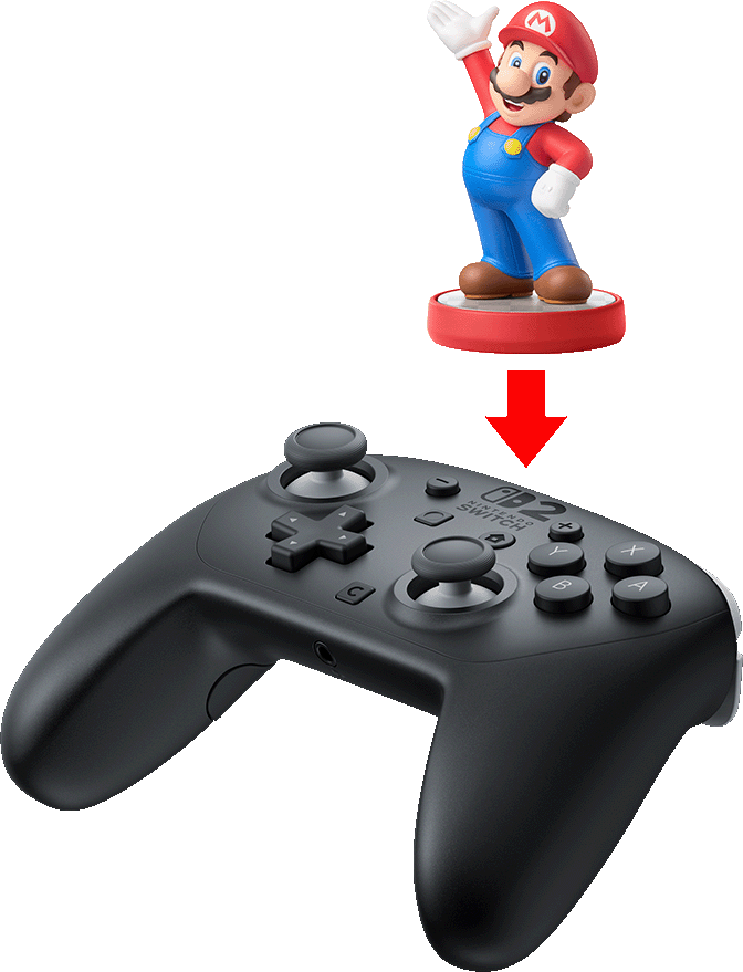 Mario-Figur über einem schwarzen Switch-Controller. Roter Pfeil zeigt die Verbindung zum Controller.
