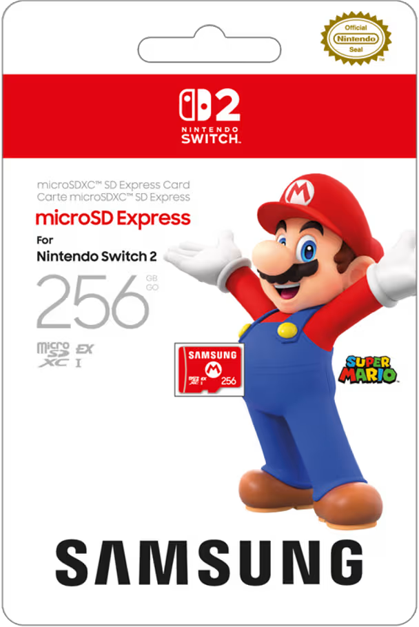 Una confezione di schede di gioco Nintendo Switch con Mario sul davanti e il logo Samsung e una scheda micro SD da 256 GB.