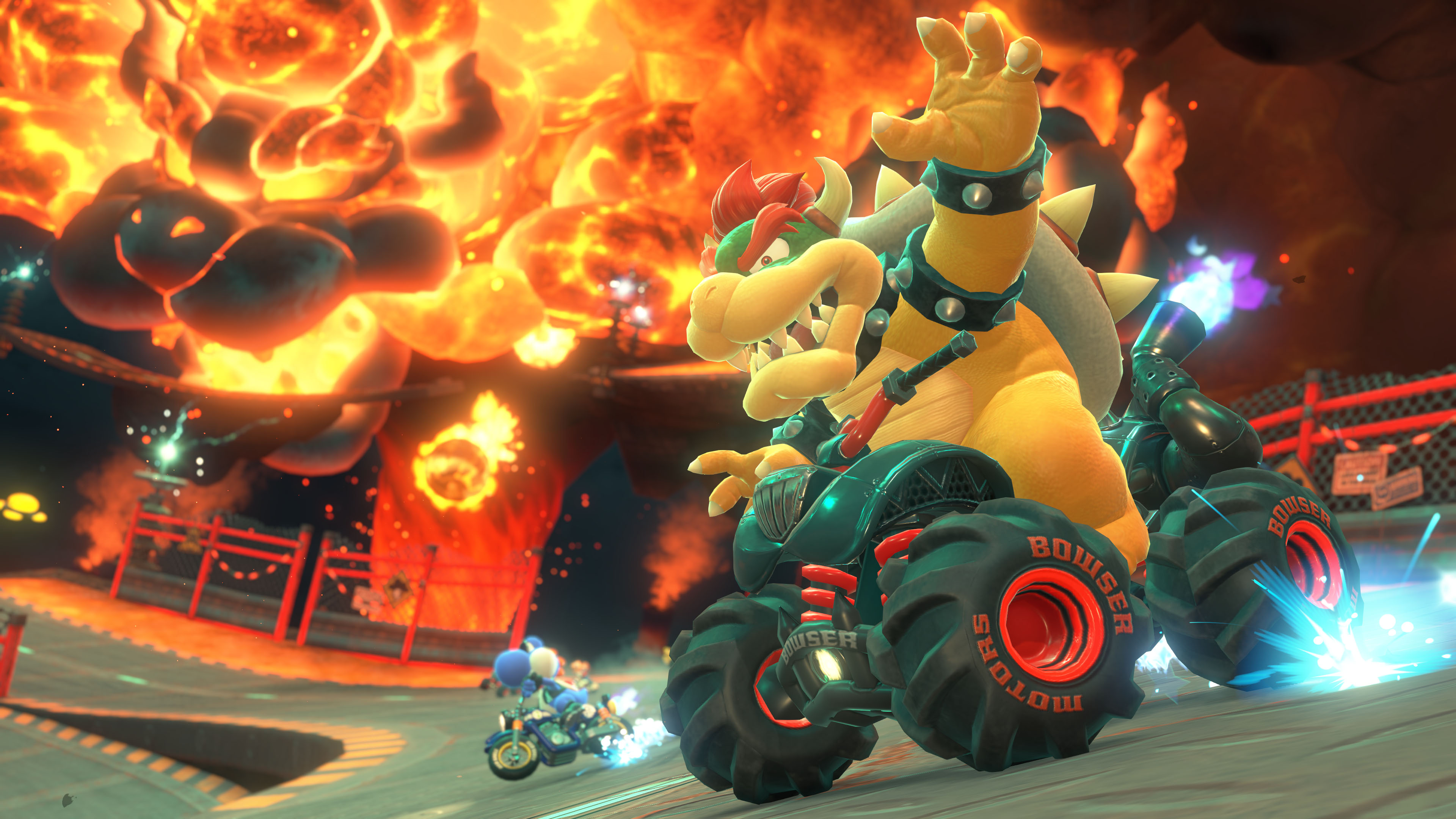 Bowser in einem Kart, Rennen mit Yoshi. Feuer und Explosionen im Hintergrund.