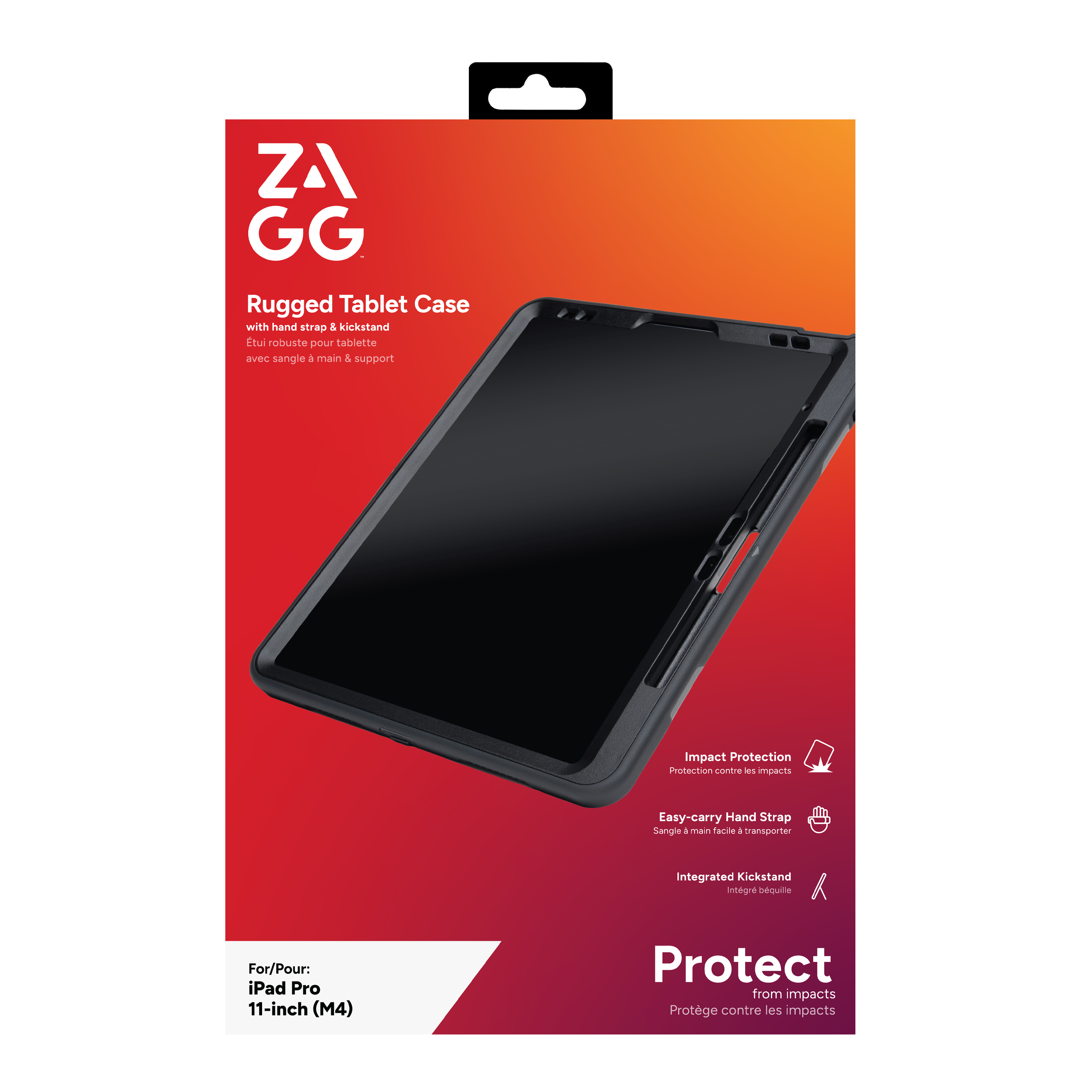 El kayışı ve destek standlı sağlam tablet kılıfı, ürün detaylarıyla ambalajında.