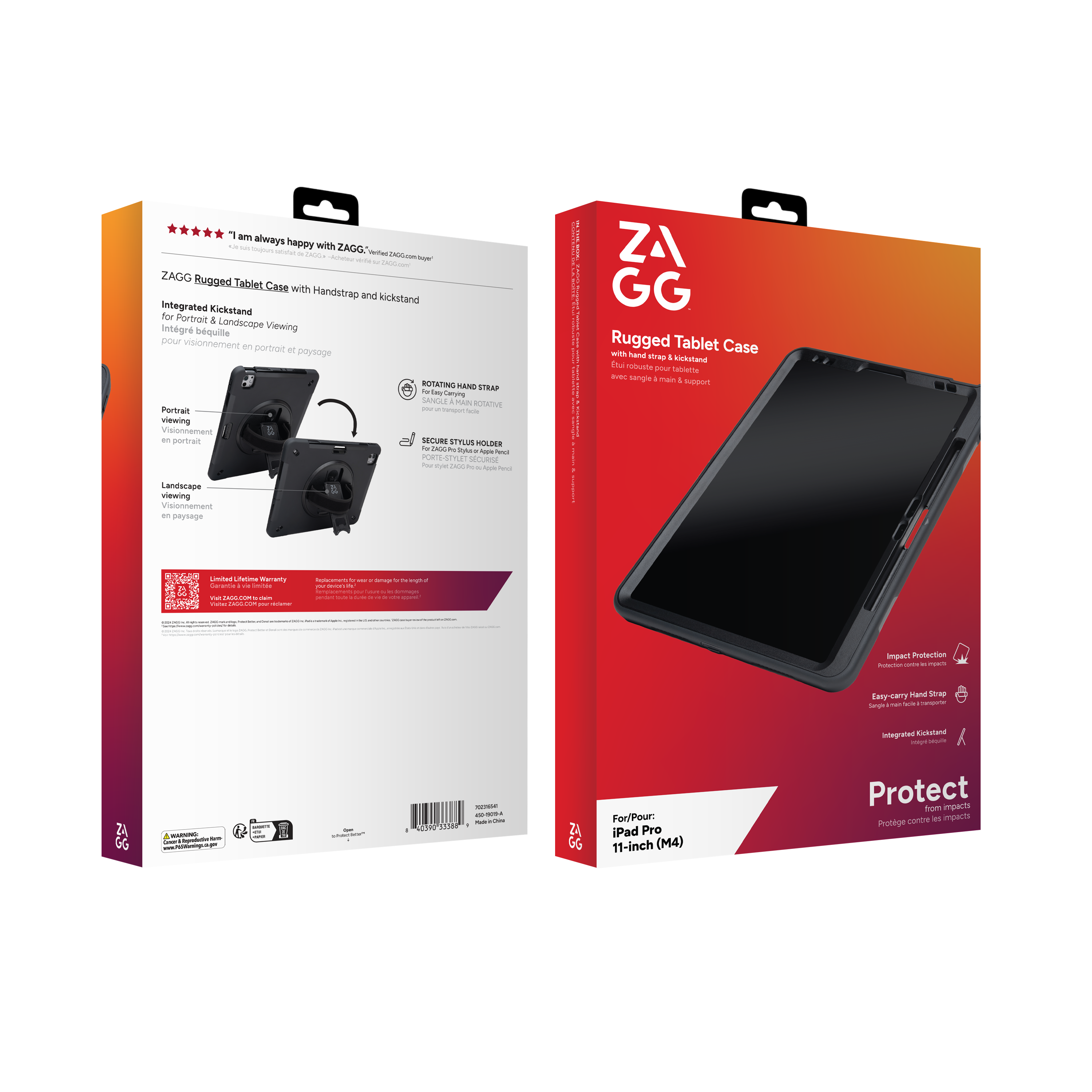 İki ZAGG dayanıklı tablet kılıfı kutusu, kırmızı ve beyaz, ürün detayları ve resimleriyle.