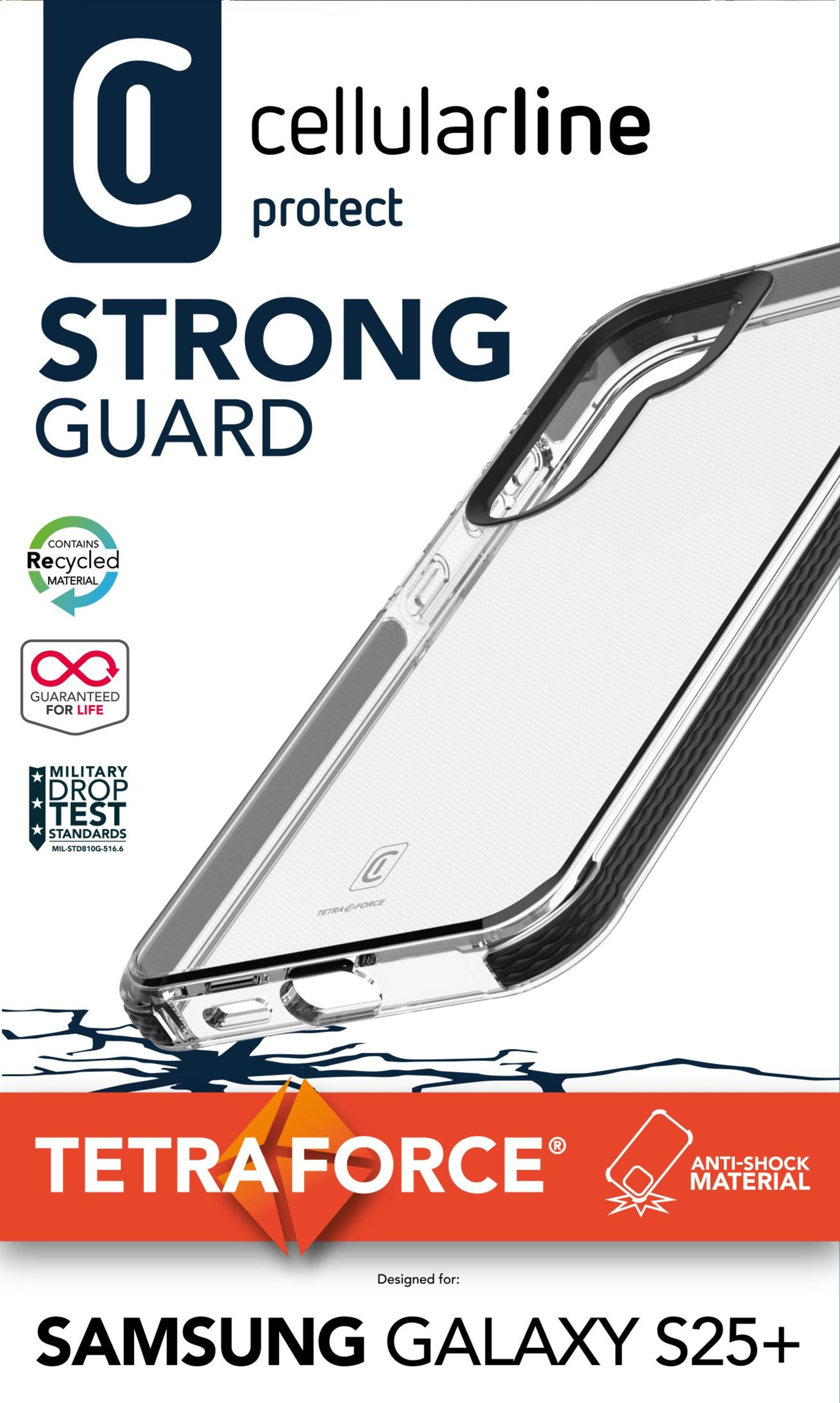 Siyah kenarlı şeffaf telefon kılıfı, beyaz arka plan. Metin: Strong Guard, Tetraforce, Samsung Galaxy S25+.