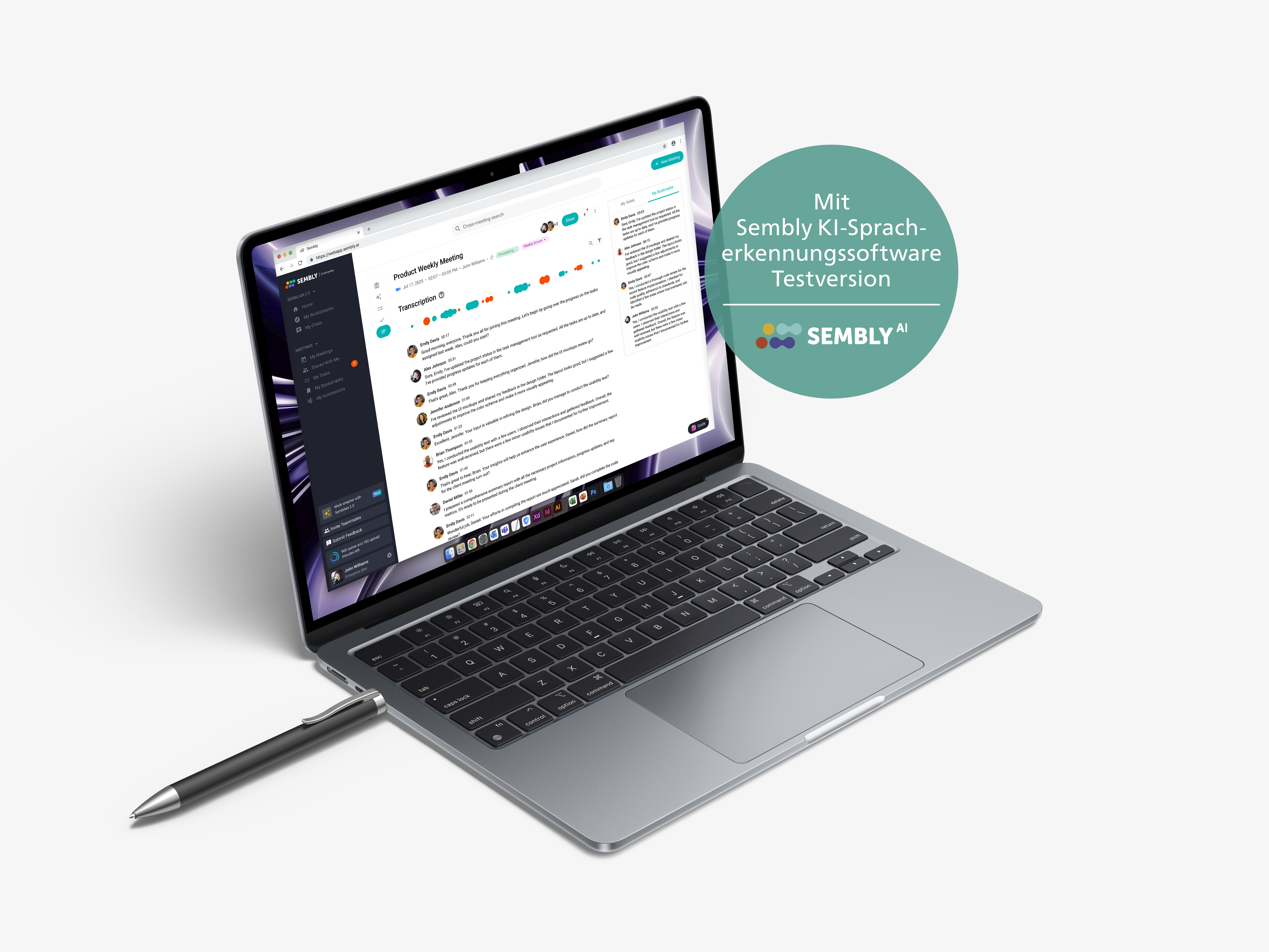 Laptop mit Sembl AI Software. Stift und weißer Hintergrund.