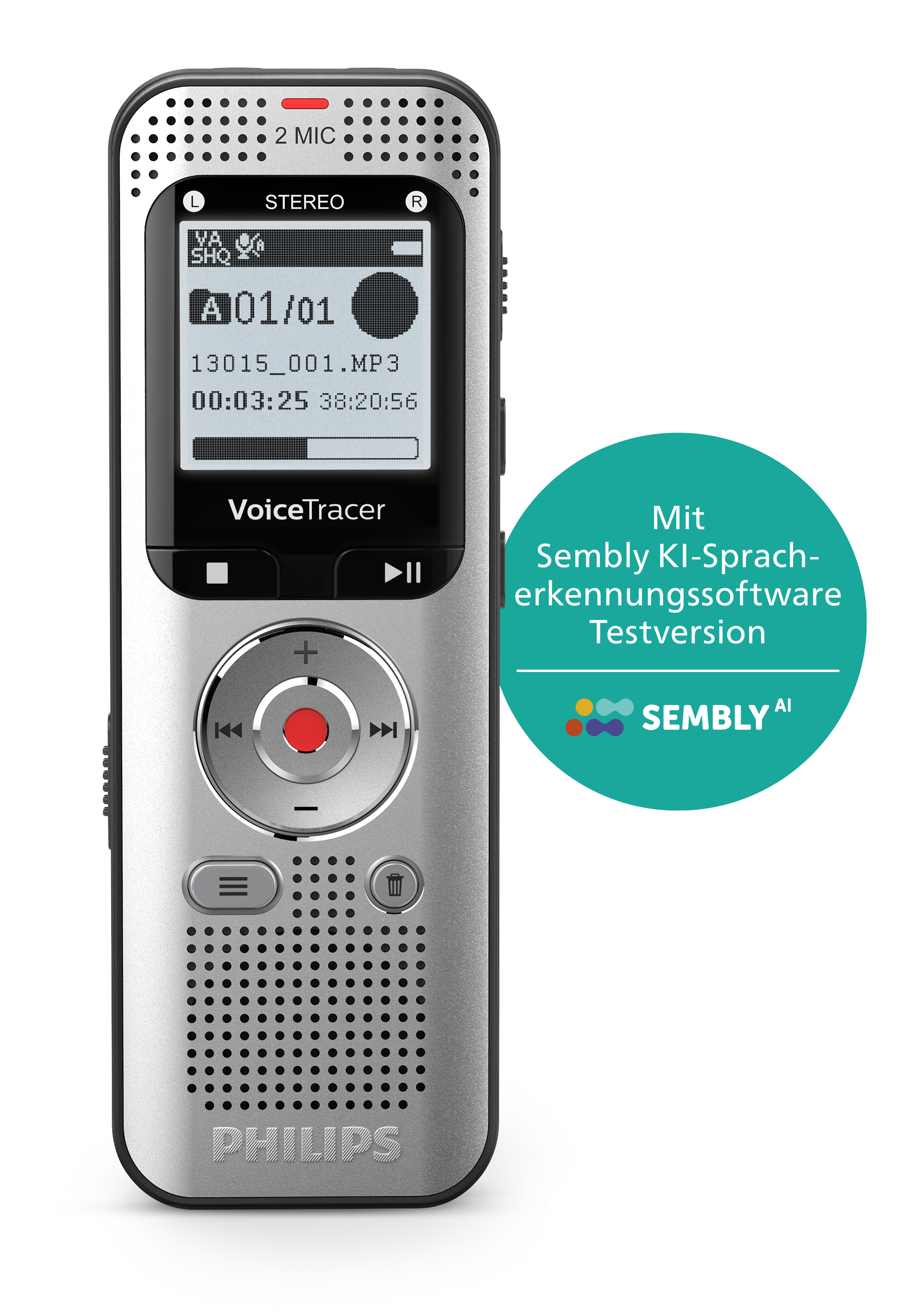 Silberner Philips VoiceTracer digitaler Sprachrekorder, mit Bildschirm und Tasten.