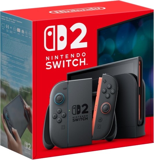 Nintendo Switch-doos met console en Joy-Cons zichtbaar. Rood en zwart kleurenschema.