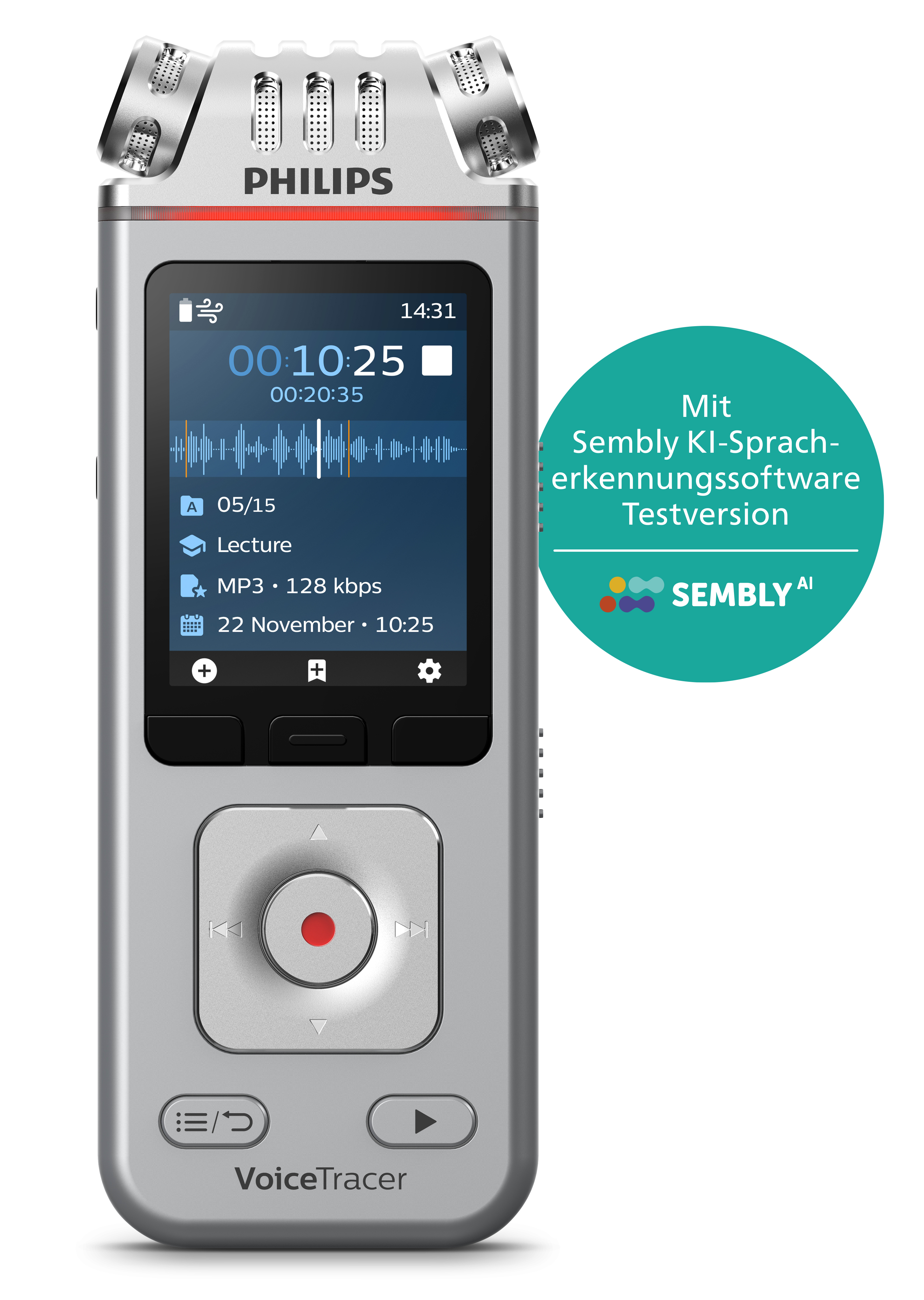 Silberner Philips VoiceTracer-Diktiergerät mit Bildschirm und Knöpfen. Grüner Kreis mit Text an der Seite.
