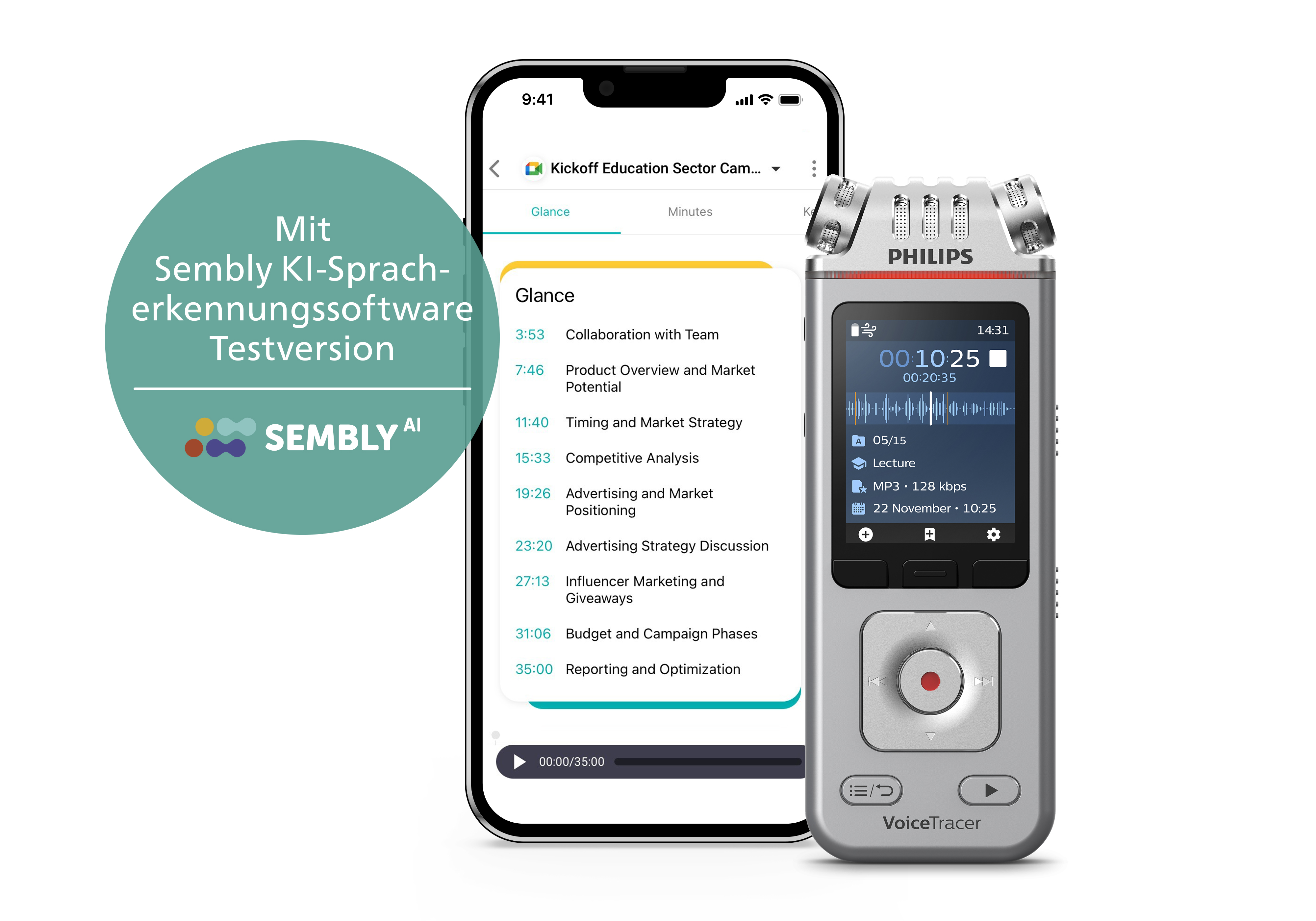 Telefon mit App, Audiorekorder, Text.