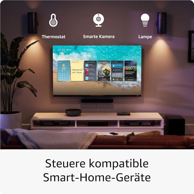 Ein Fernseher auf einem Ständer mit Text zur Steuerung kompatibler Smart-Home-Geräte. Smart-Home-Geräte sind sichtbar.