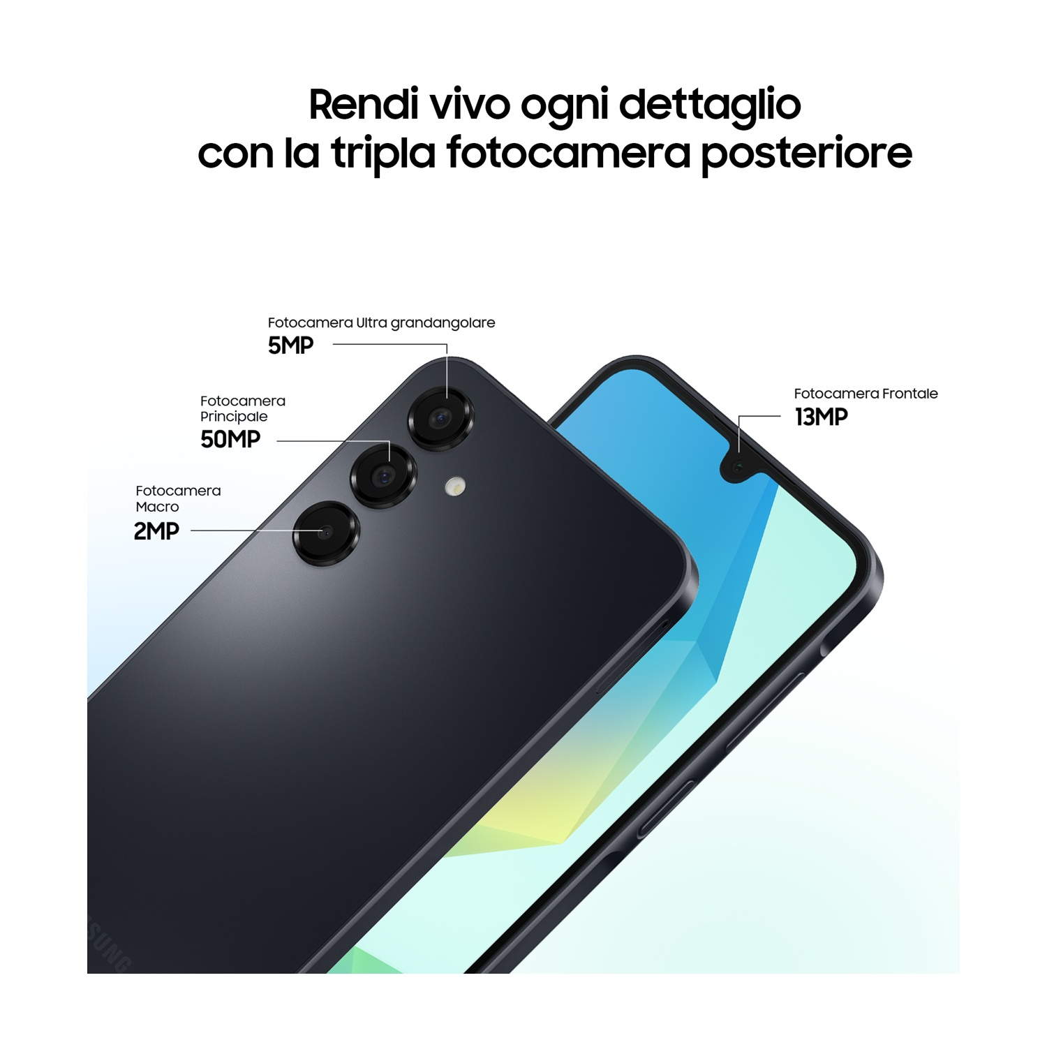 Un telefono mostra il retro con tre fotocamere. Il testo dice: Rendi ogni dettaglio vivido.