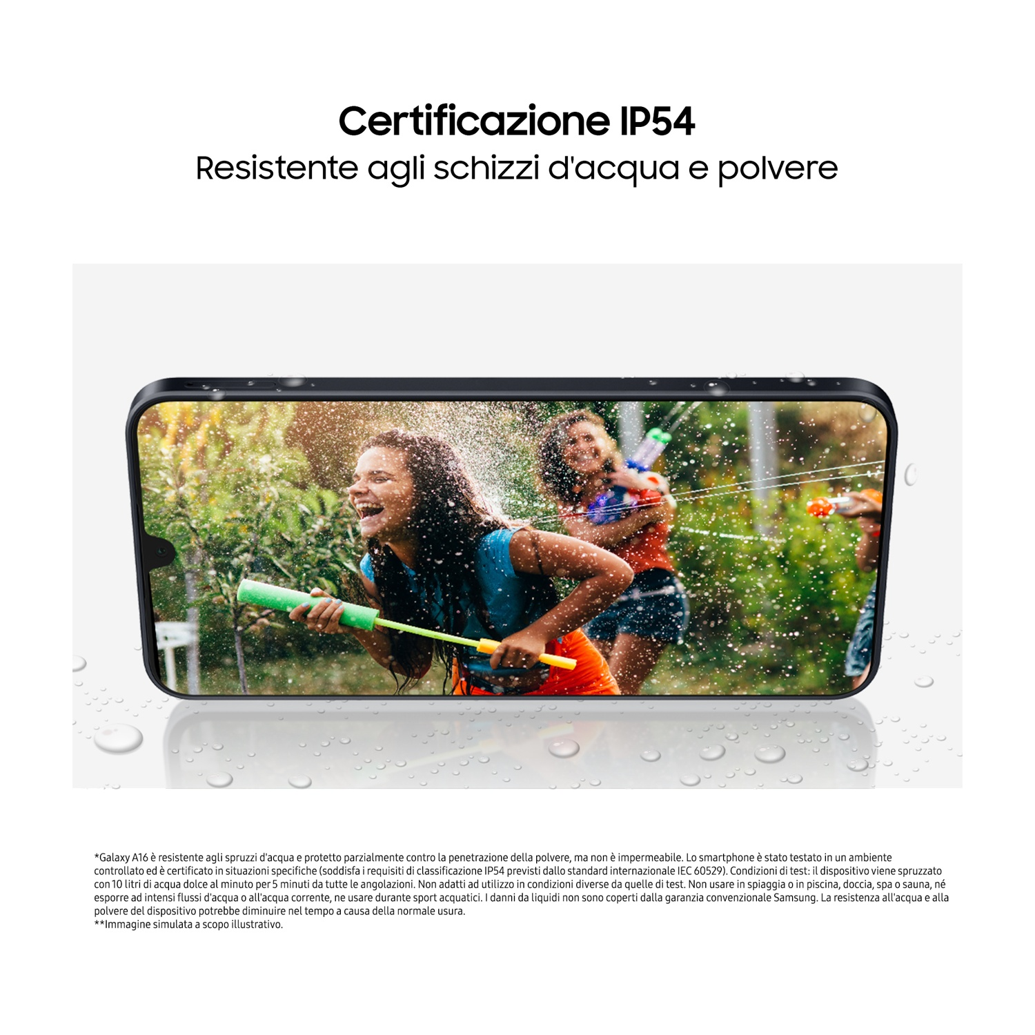 Smartphone con spruzzi d'acqua, su una superficie bagnata. Testo in italiano.