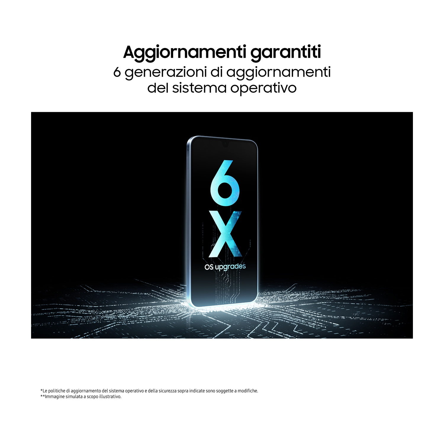 Un telefono con display blu e testo, con sfondo nero e testo in italiano.