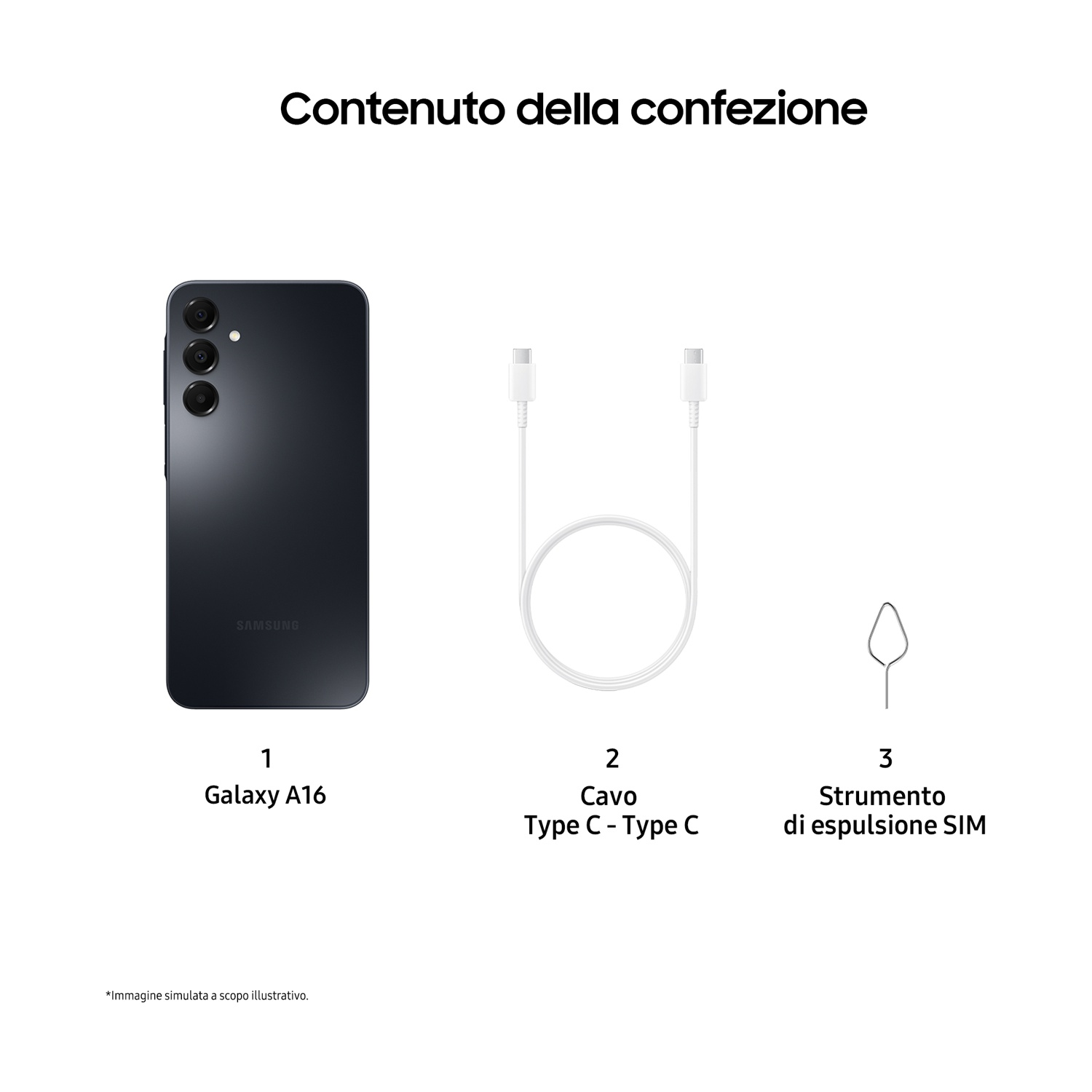 Contenuto della confezione: un telefono Galaxy A16 nero, un cavo USB-C bianco e uno strumento di espulsione SIM.