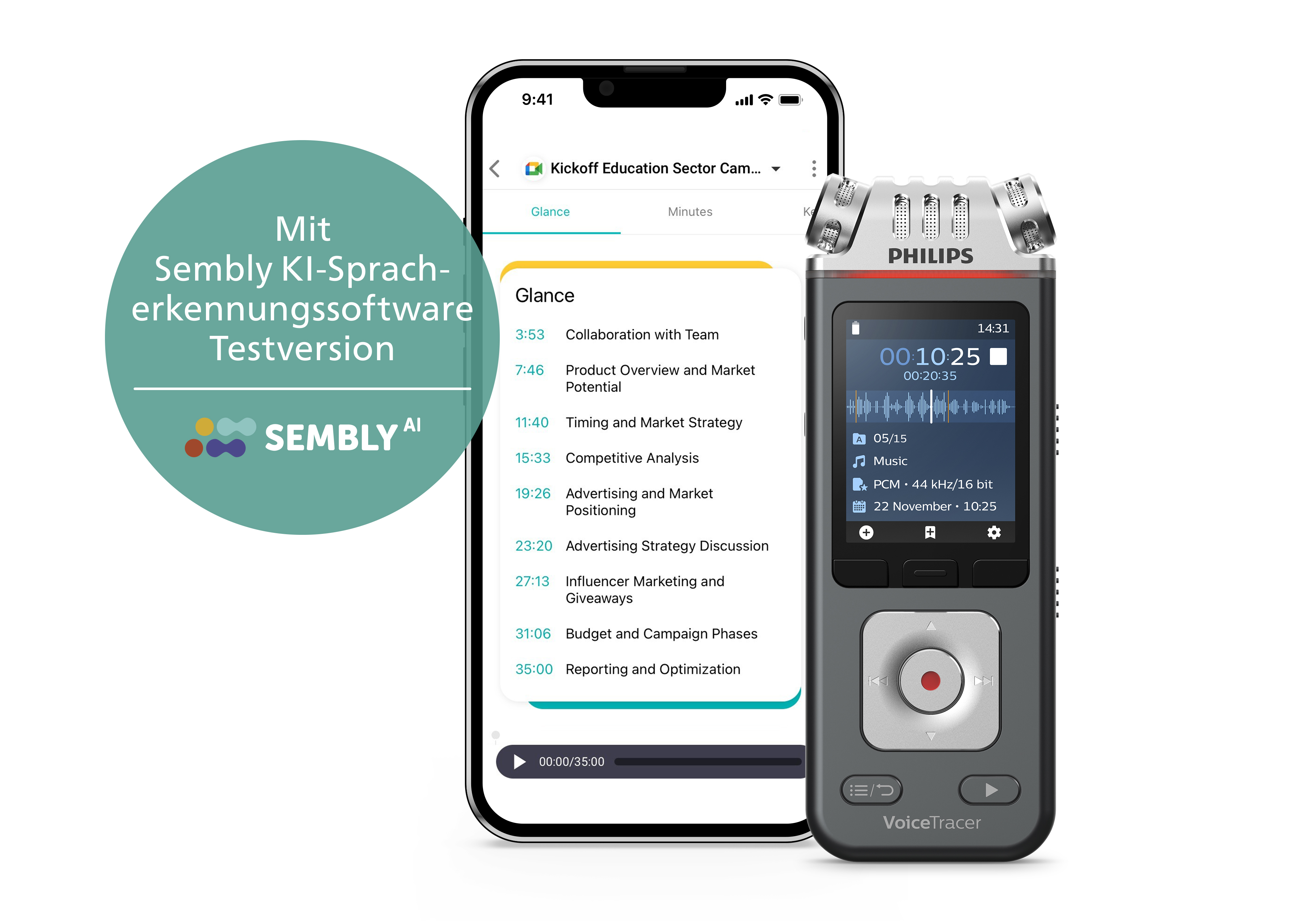 Smartphone mit App-Bildschirm, Diktiergerät und Sembl AI-Logo mit Text.