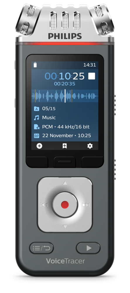 Ein Philips VoiceTracer digitaler Sprachrekorder mit einem Bildschirm, der Aufzeichnungsinformationen anzeigt.