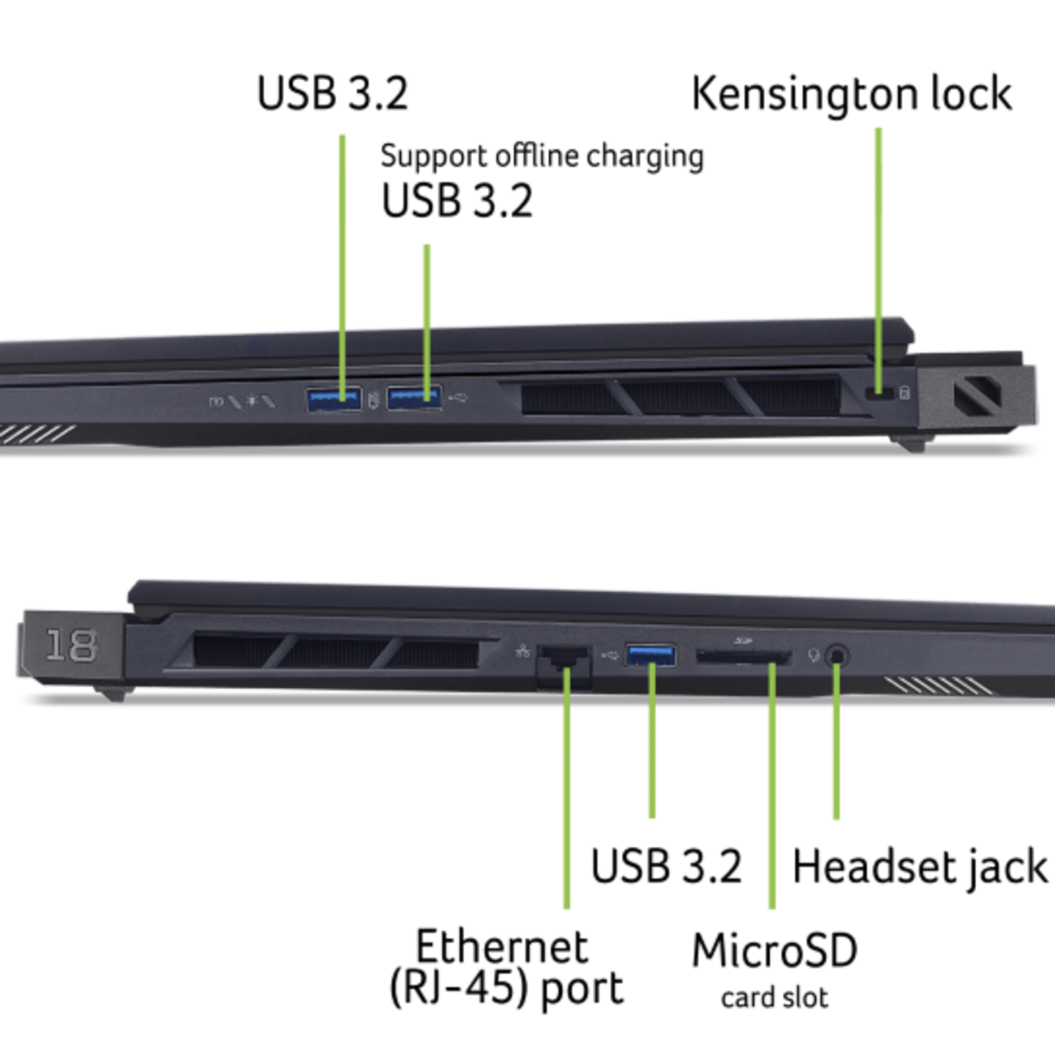 Close-up of a laptop with ports highlighted. They are on the sides. Black and gray color scheme.