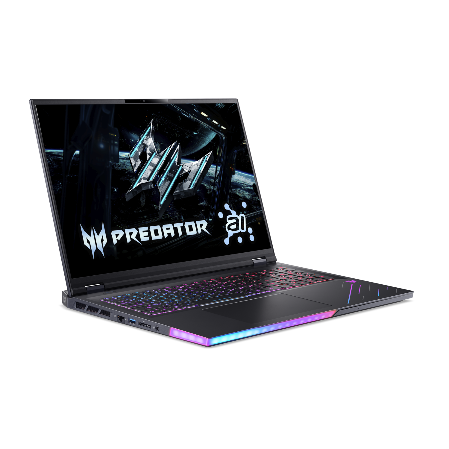Black laptop with backlit keyboard, Predator logo on screen. RGB lighting on the bottom edge, black background.