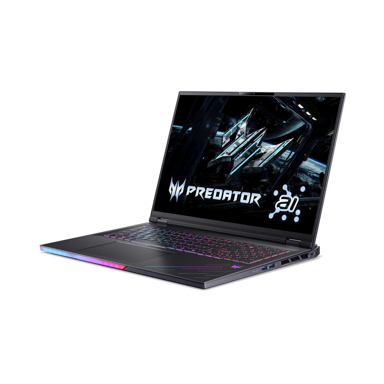 A laptop with a black screen displaying a logo. The laptop is open and on a white surface.