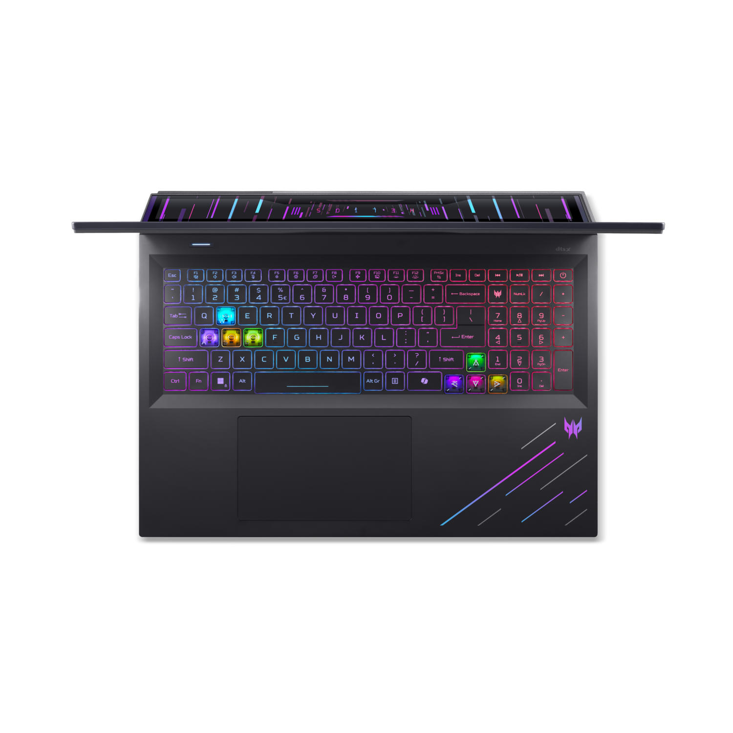Top view of a black laptop with a colorful backlit keyboard.