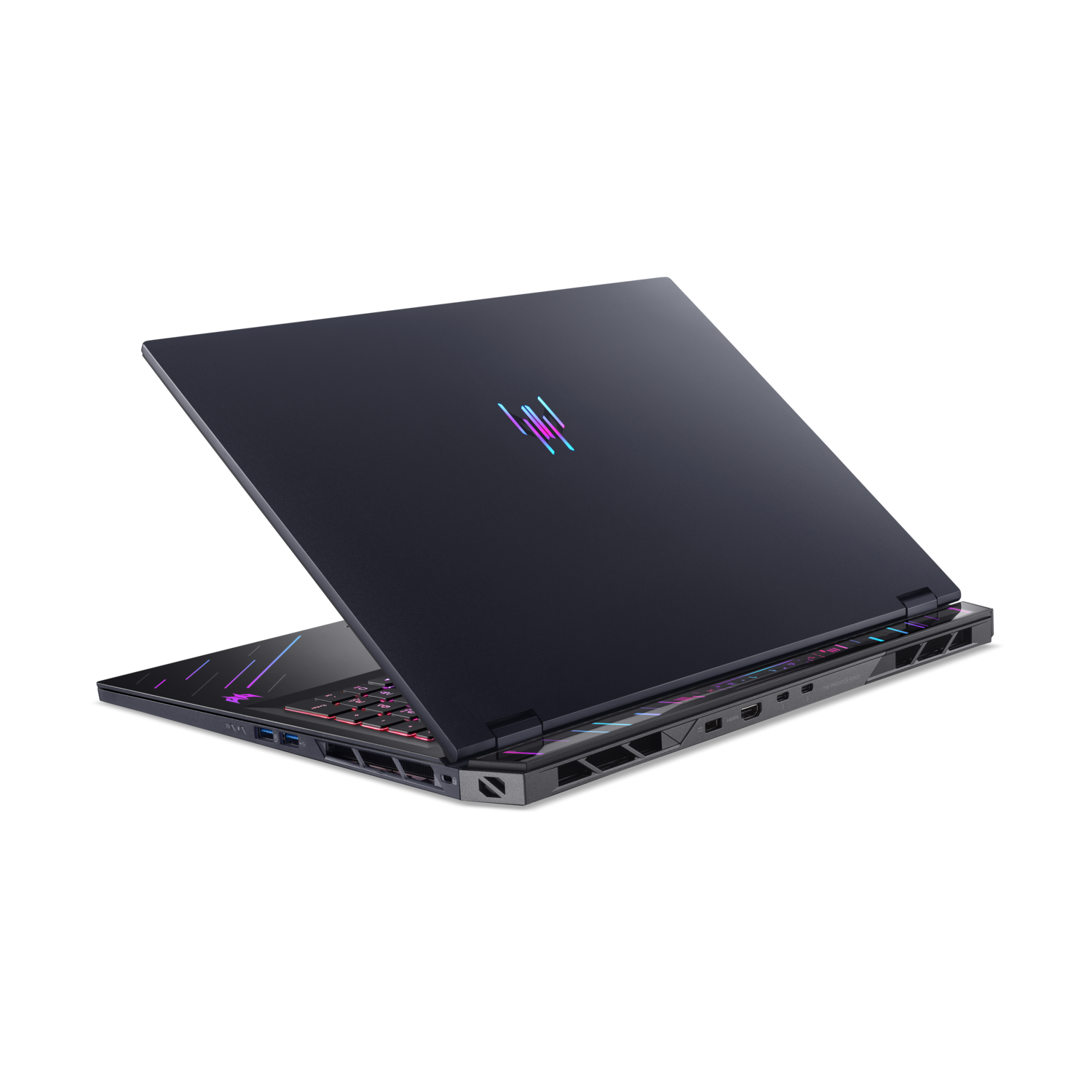 Black laptop at an angle. The screen shows a colorful logo. The back of the laptop is visible.