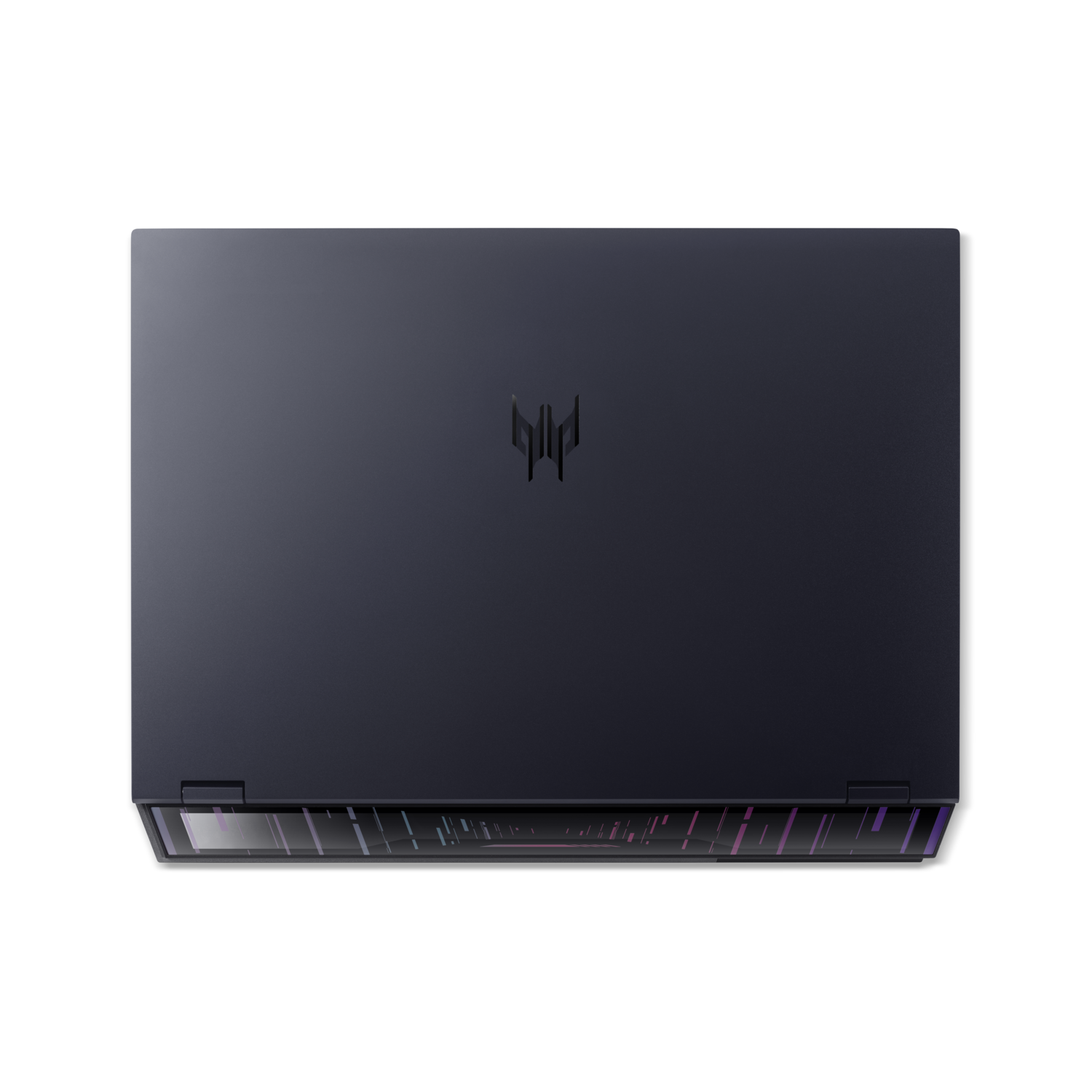 Top view of a dark blue laptop with a logo in the center and a colorful light strip.