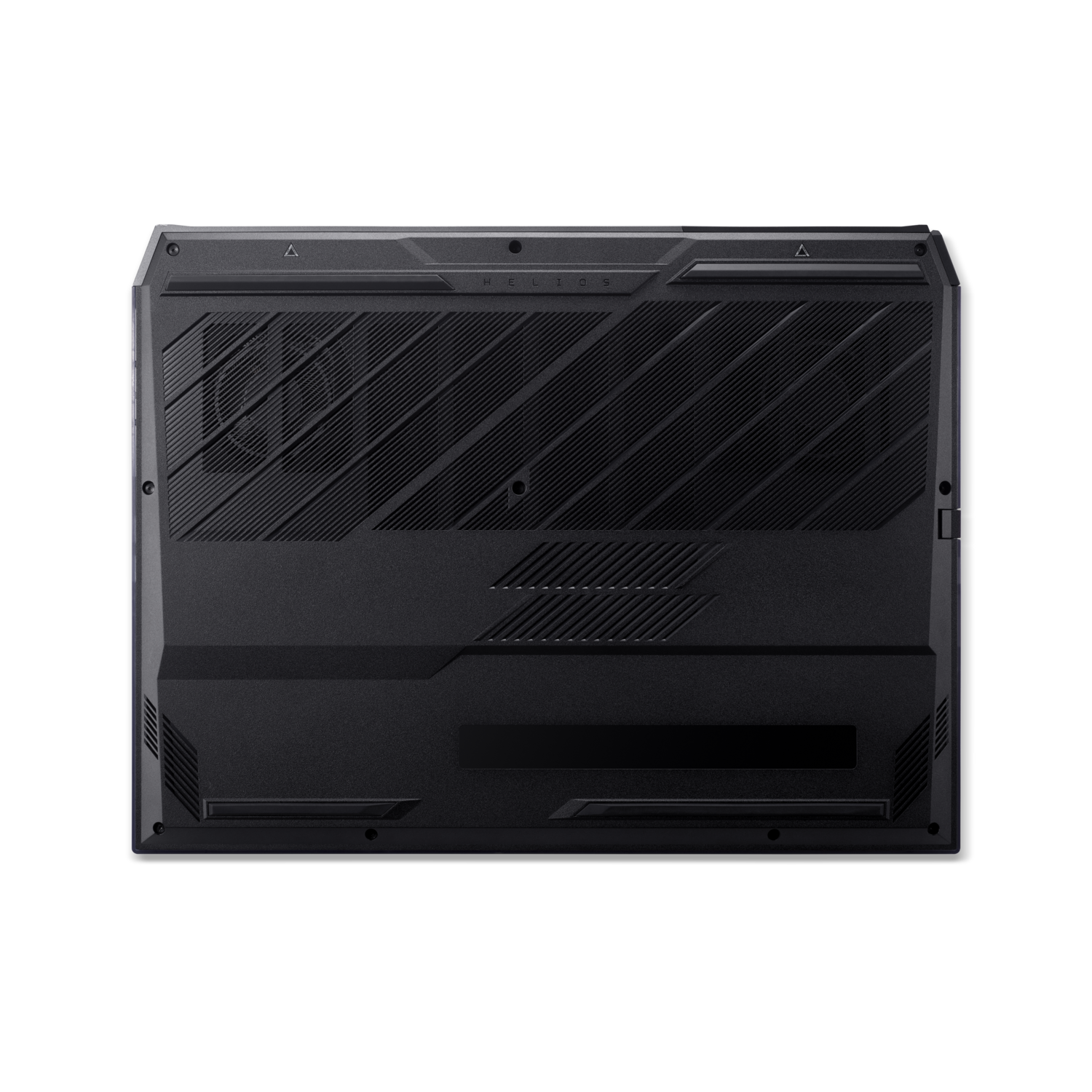 The bottom of a black laptop with vents and the word HELIOS.