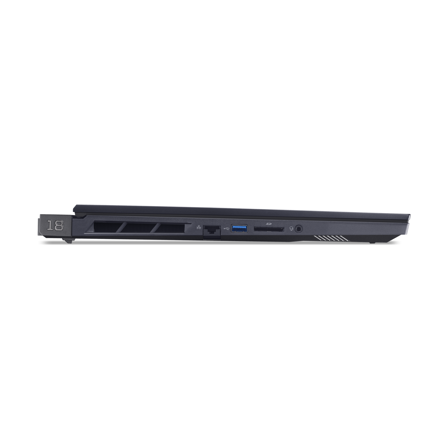 Side view of a black laptop. It has ports and vents along the side, set against a black background.